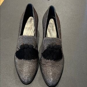 Stuart Weitzman Glitter Metallic Tassel Loafers in Black